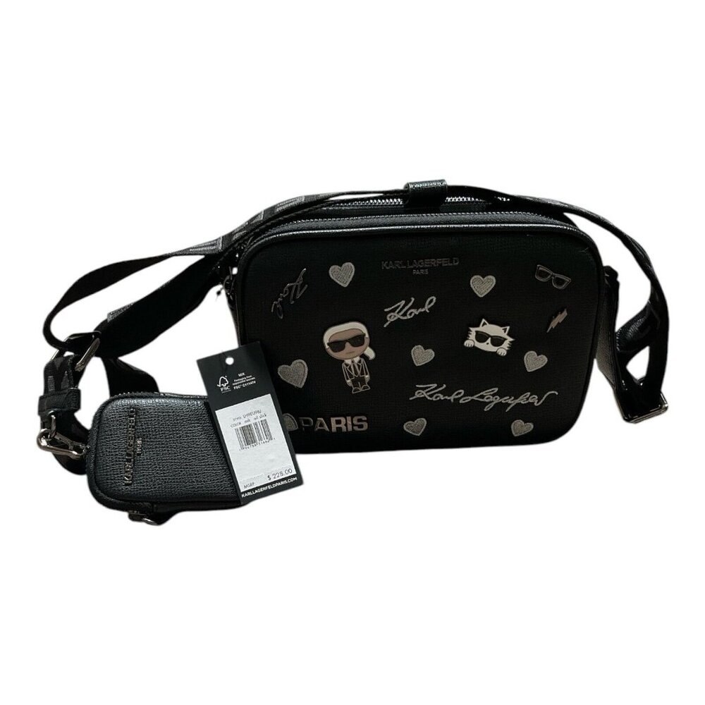 KARL LAGERFELD PARIS CAMERA Crossbody Bag & Coin Purse Black Logo NEW AUTHENTIC